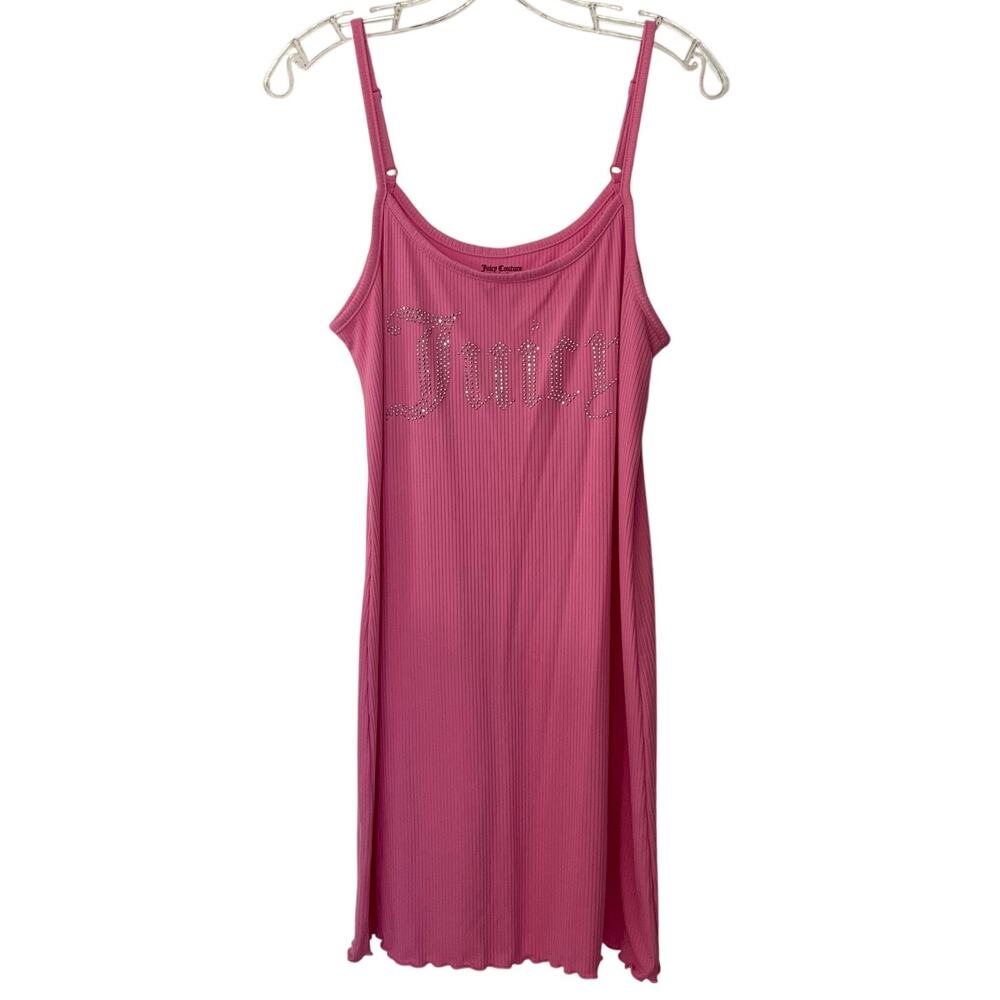Juicy Couture Sleepwear Pink Ribbed Nightgown Rhinestones Spellout Large Y2K PJs